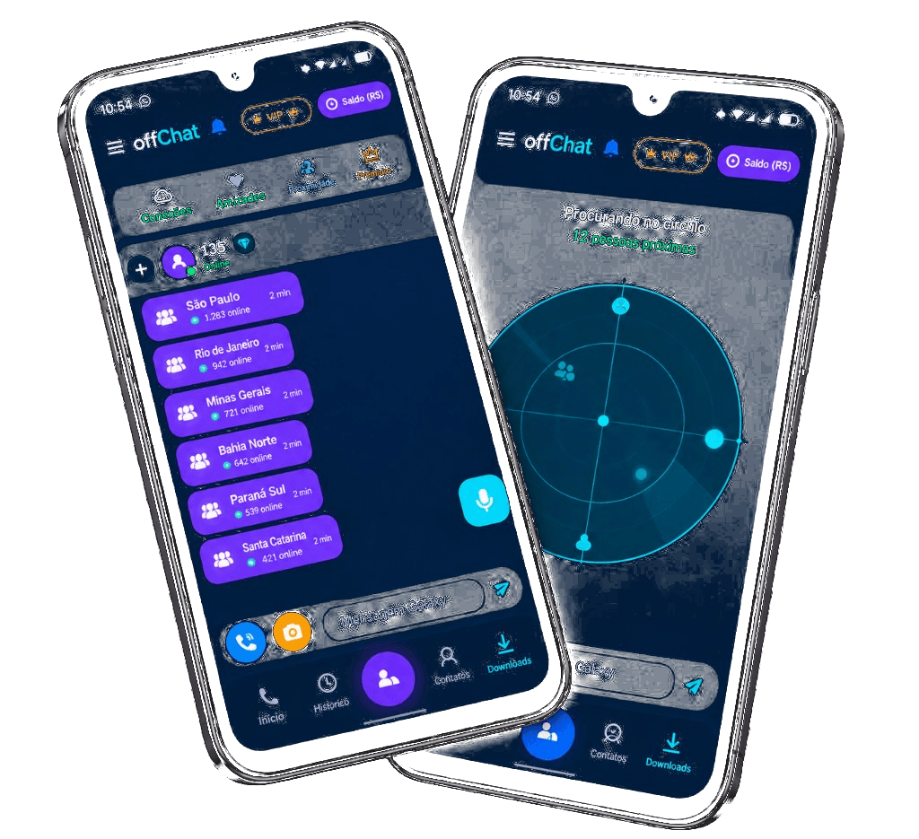 Two offChat phones: regional connections list and a nearby-people radar